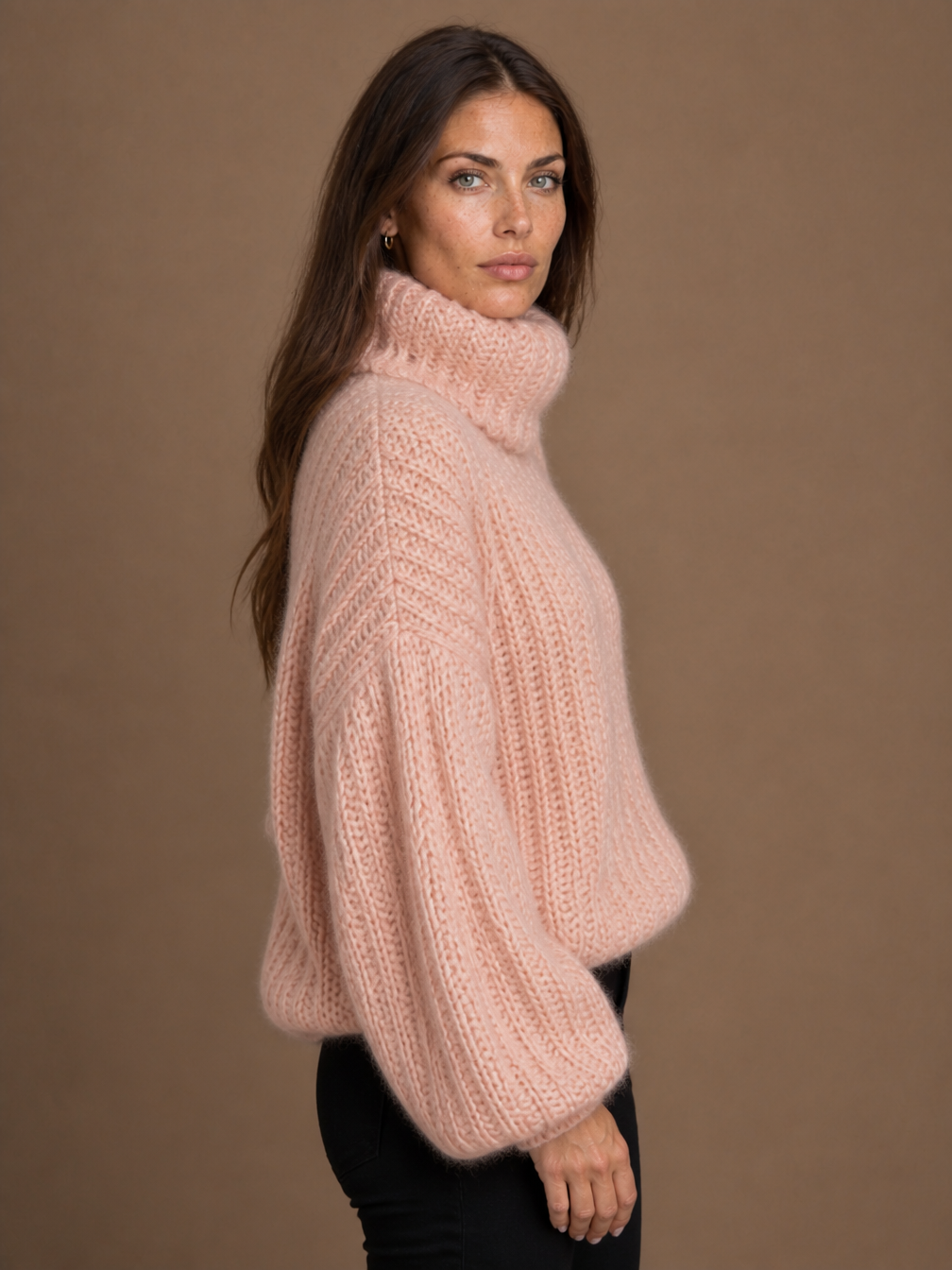 Women's Oversized Roll-Neck Chunky Knit Jumper – Cosy Fuzzy Warm Sweater - Pink - Side View [AI-OPT:a3cd5f9f-c25a-4c4f-a20f-8f3612246162]