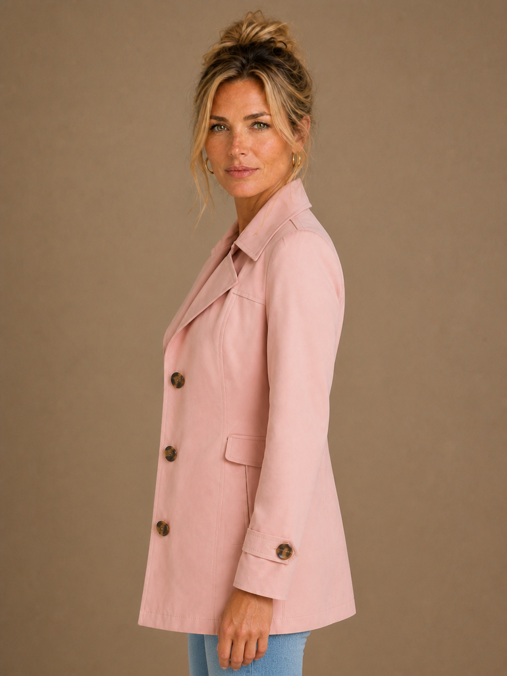 Women's Tailored Trench Coat - Elegant Tied Classic Short Coat with Classic Lapel Collar and Button Fastening - Pink - Side View [AI-OPT:bbfcb258-c65b-4bd5-bb2d-9ea18905933c]