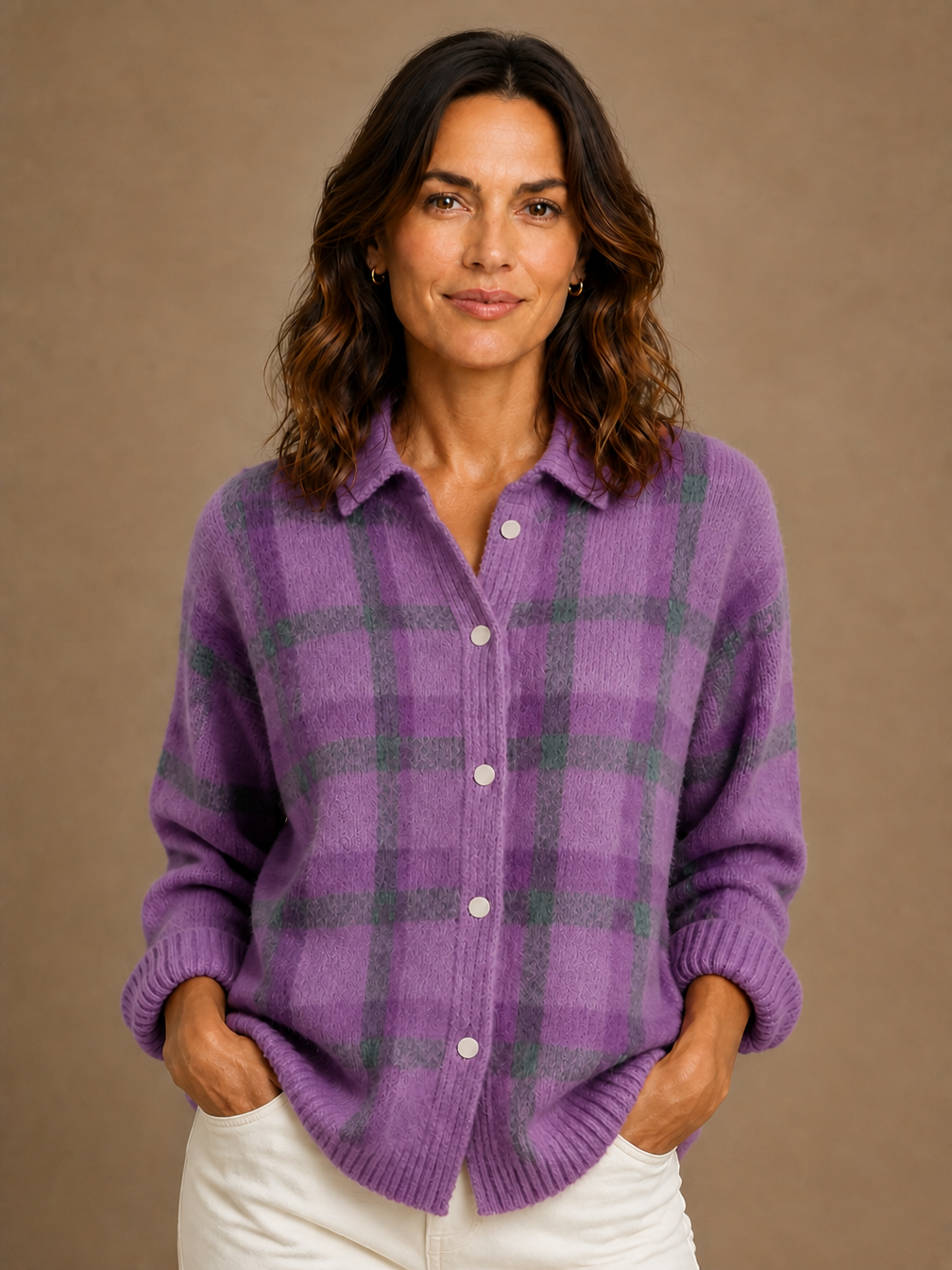 Women’s Classic Check Knit Cardigan - Cozy Retro Knitted Relaxed Fit Sweater - Purple