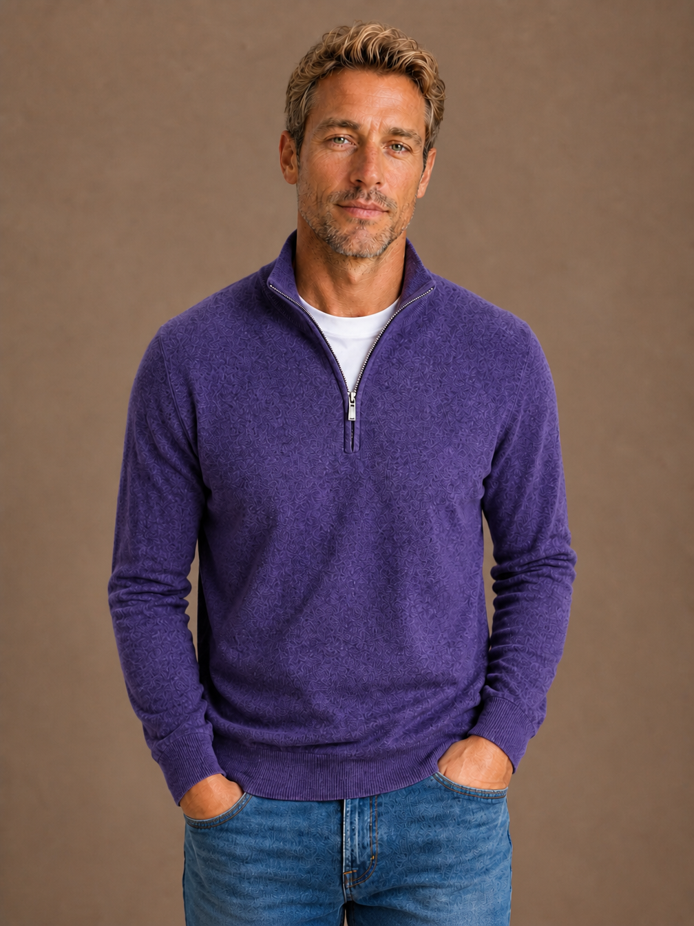 Men’s Wool-Blend Half-Zip Sweater with High Collar, Regular Fit - Purple