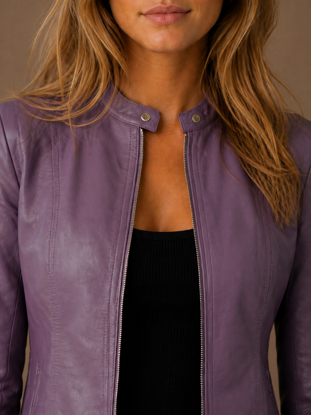 Women's Cropped Faux Leather Jacket with Zip Front and Fitted Waist - Purple - Detail Close-Up [AI-OPT:2d2e732d-473d-4d22-99c4-0a8ac9551f52]