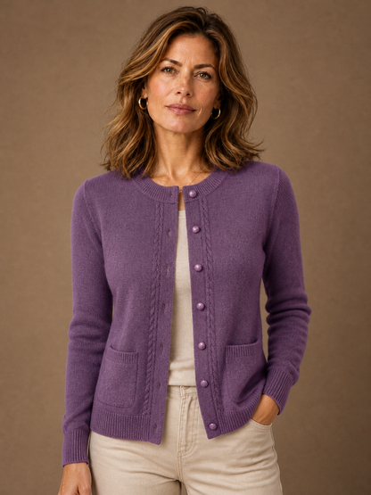 Women's Cashmere-Look Pearl Button Cardigan - Knitted Wool Blend Sweater - Purple