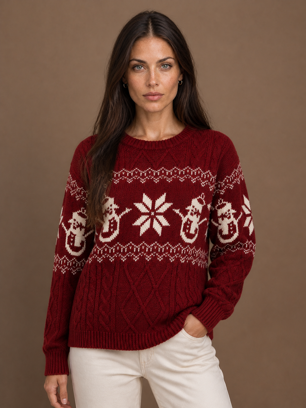 Women's Christmas Snowman Sweater, Cable Knit Fair Isle Crew Neck Pullover - Red