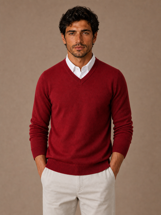 Men's V-Neck Knit Sweater Pullover for Work and Weekend - Red