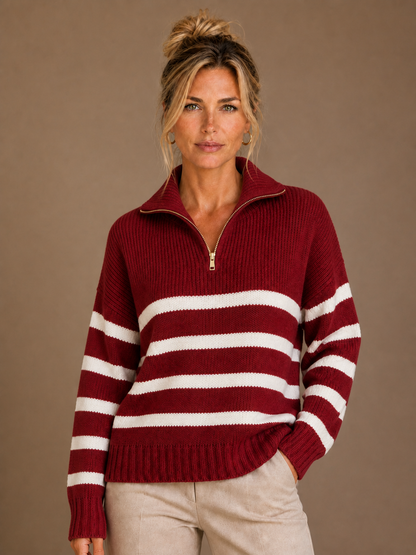 Women’s Cashmere Half-Zip Striped Pullover Sweater with Ribbed Knit and Long Sleeves - Red