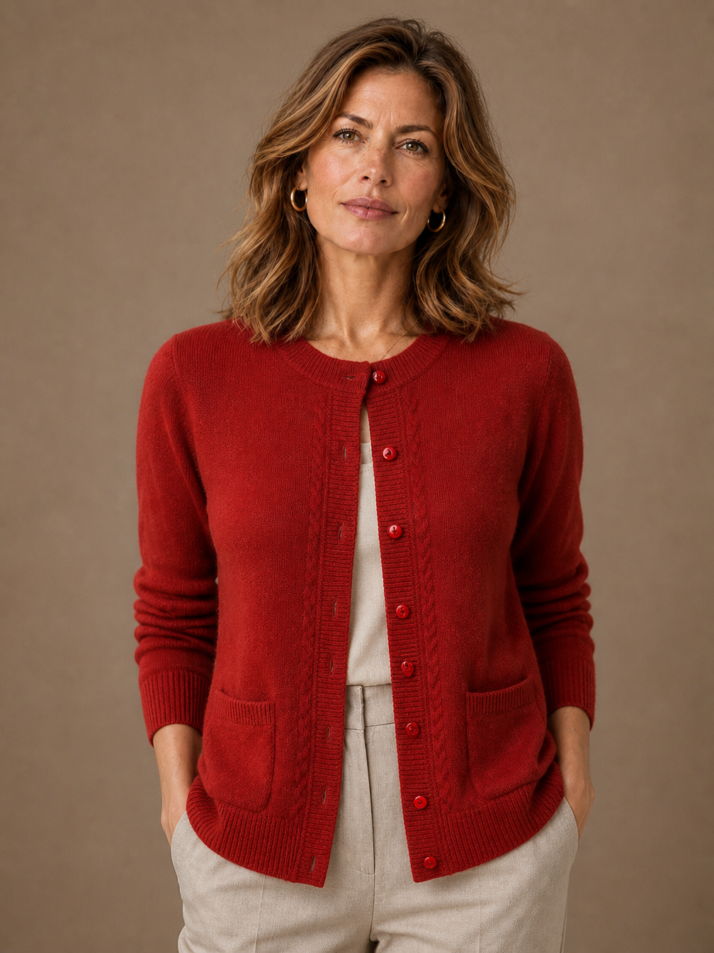Women's Cashmere-Look Pearl Button Cardigan - Knitted Wool Blend Sweater - Red