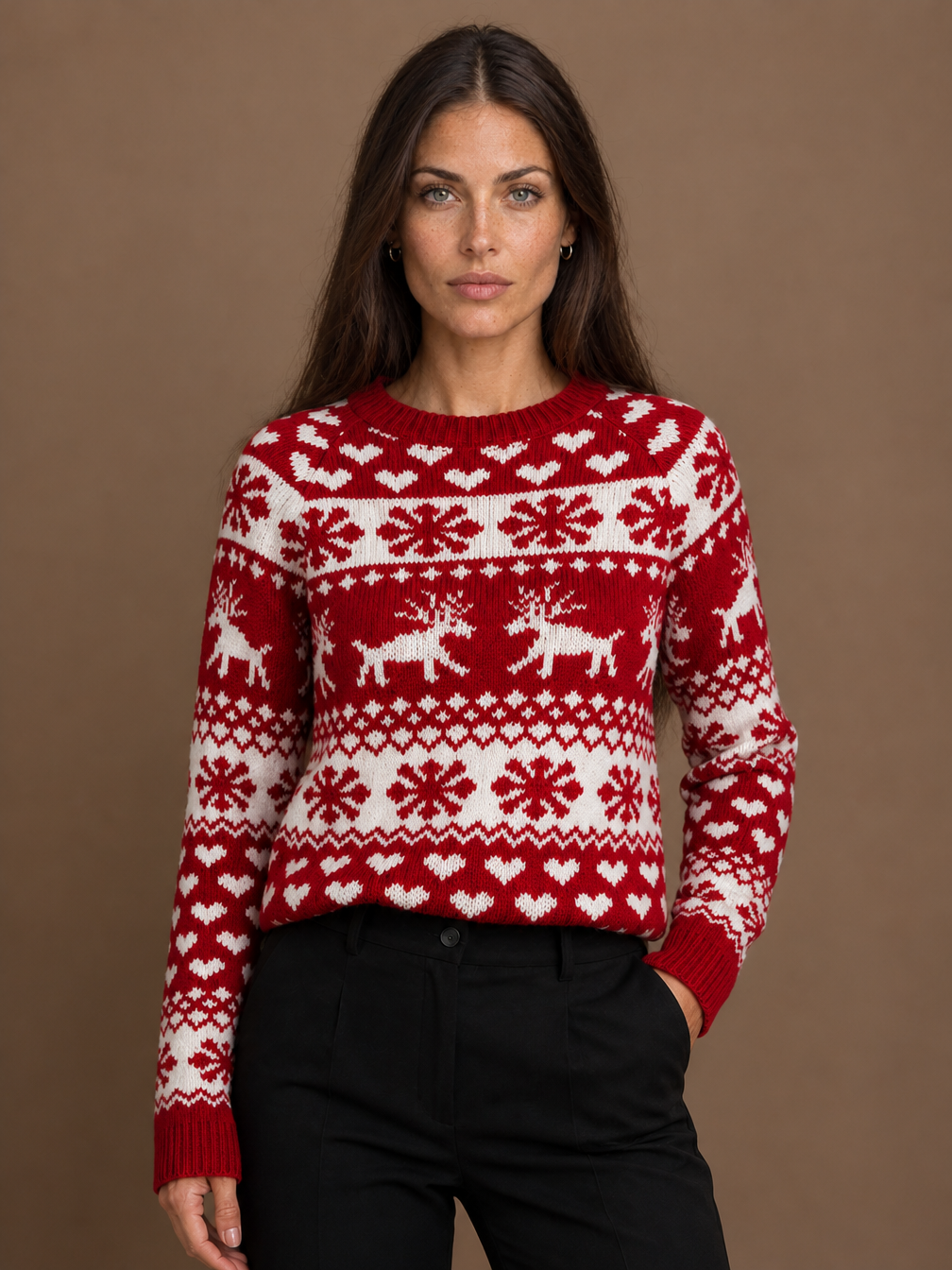 Women's Christmas Jumper Fair Isle Knit Crew Neck Red and White - Red