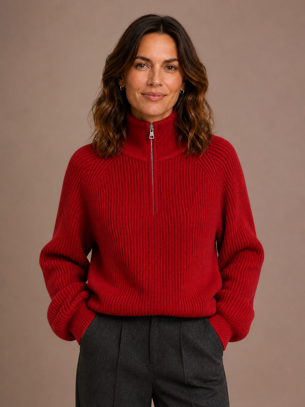 Women's Quarter Zip Knit Sweater Pullover - Red