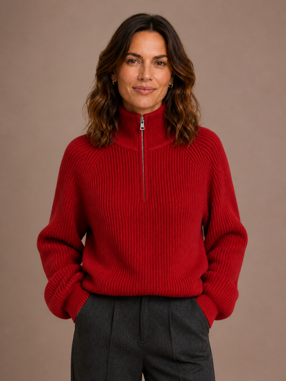 Women's Quarter Zip Knit Sweater Pullover - Red