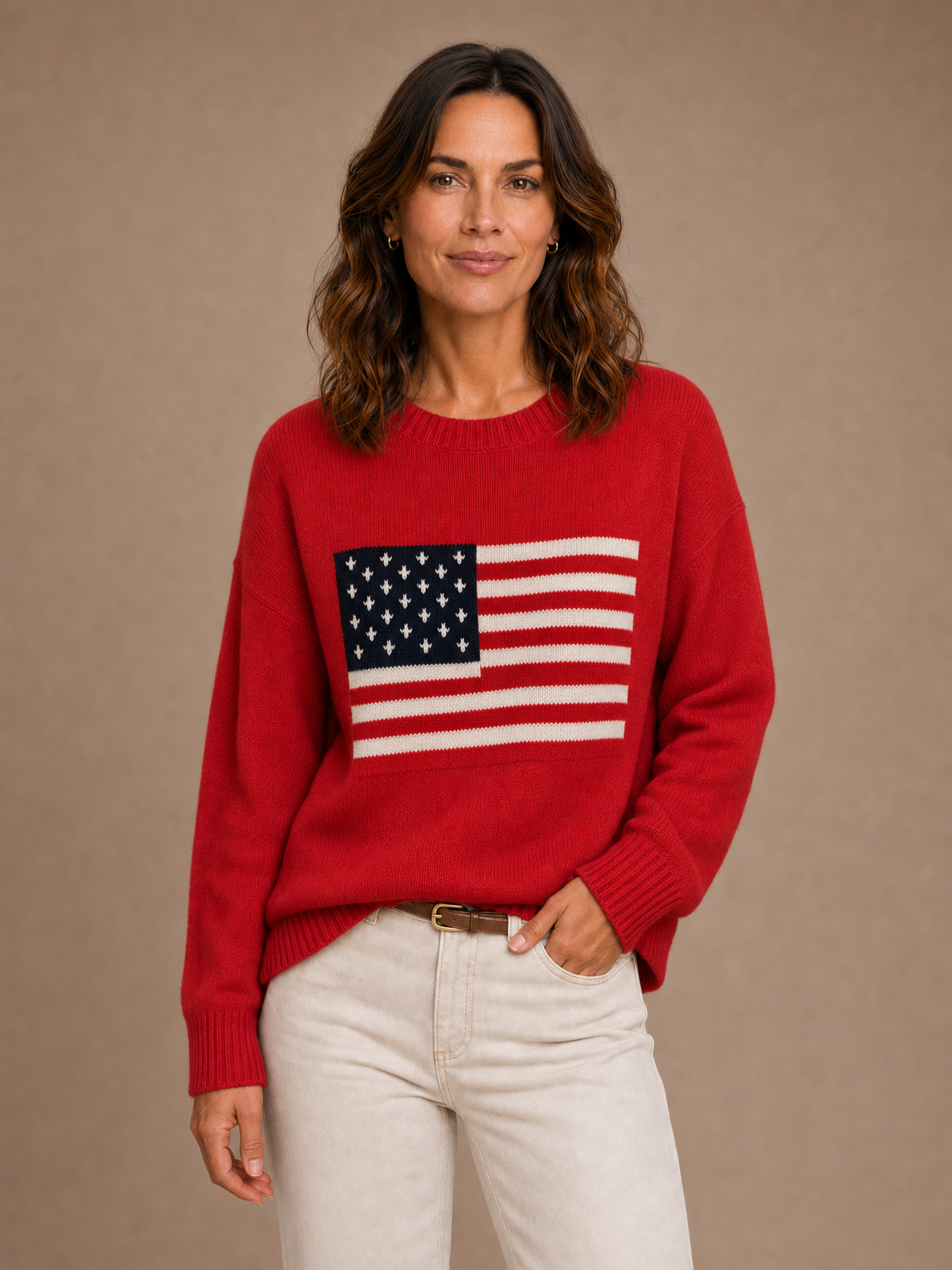 Women's American Flag Sweater - Crew Neck Long Sleeve Pullover - Red