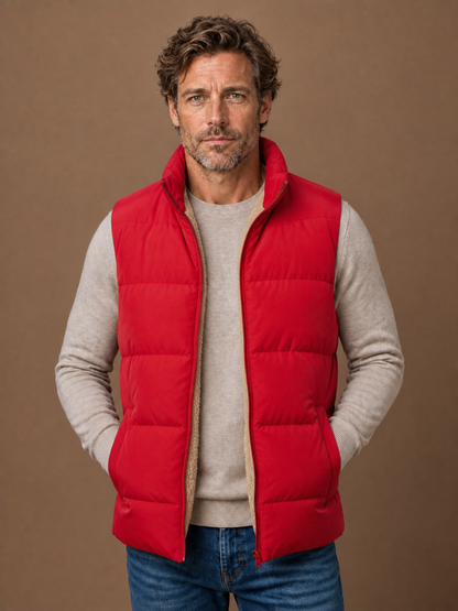 Men's Winter Gilet with Faux Fur Lining, Quilted Sleeveless Padded Waistcoat with Stand Collar - Red