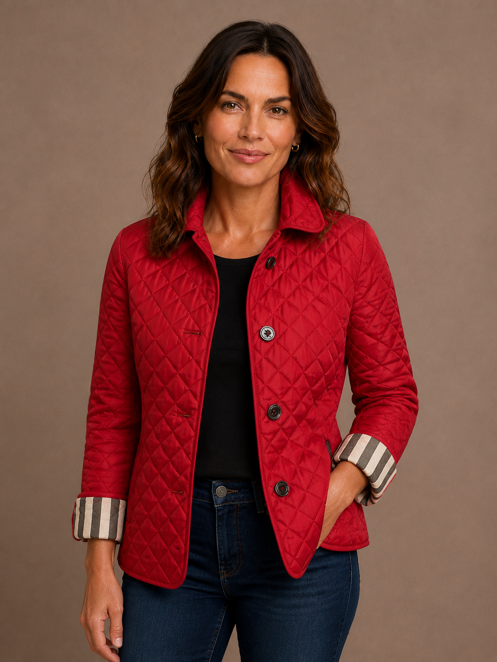 Women's Lightweight Quilted Jacket with Lapel Collar and Relaxed Fit - Red