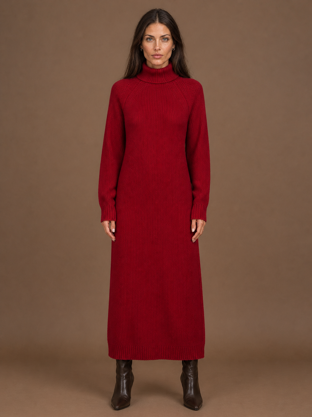 Women's Turtleneck Sweater Dress - Ribbed Knitted Winter Maxi Dress - Red
