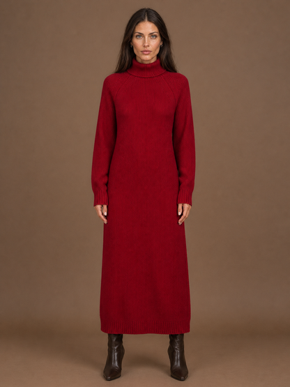 Women's Turtleneck Sweater Dress - Ribbed Knitted Winter Maxi Dress - Red