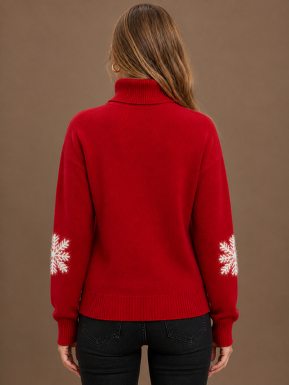 Women's Christmas Turtleneck Sweater Red Snowflake Knit Pullover - Red - Back View [AI-OPT:ffb1749c-0a1c-41ed-83bc-91b153848144]