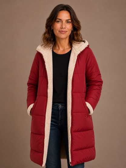 Women's Quilted Longline Coat with Hood and Sherpa Lining - Red