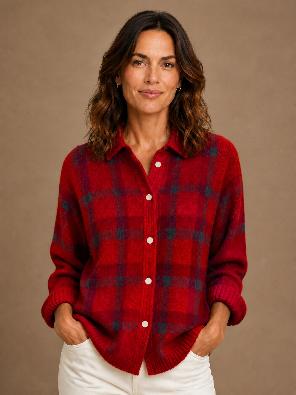 Women’s Classic Check Knit Cardigan - Cozy Retro Knitted Relaxed Fit Sweater - Red