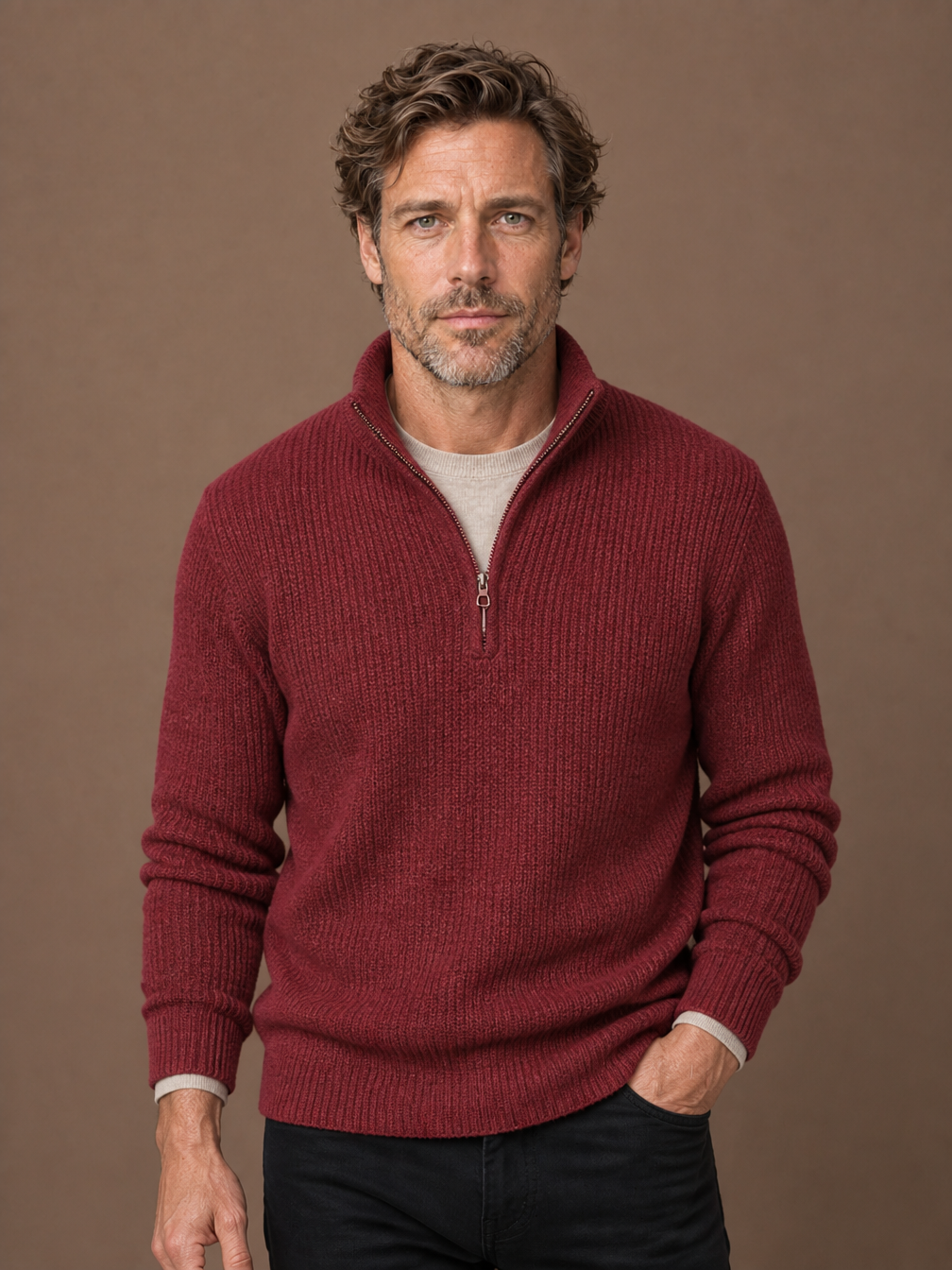 Men's Ribbed Quarter Zip Sweater - Knitted Warm Jumper with High Neck - Red