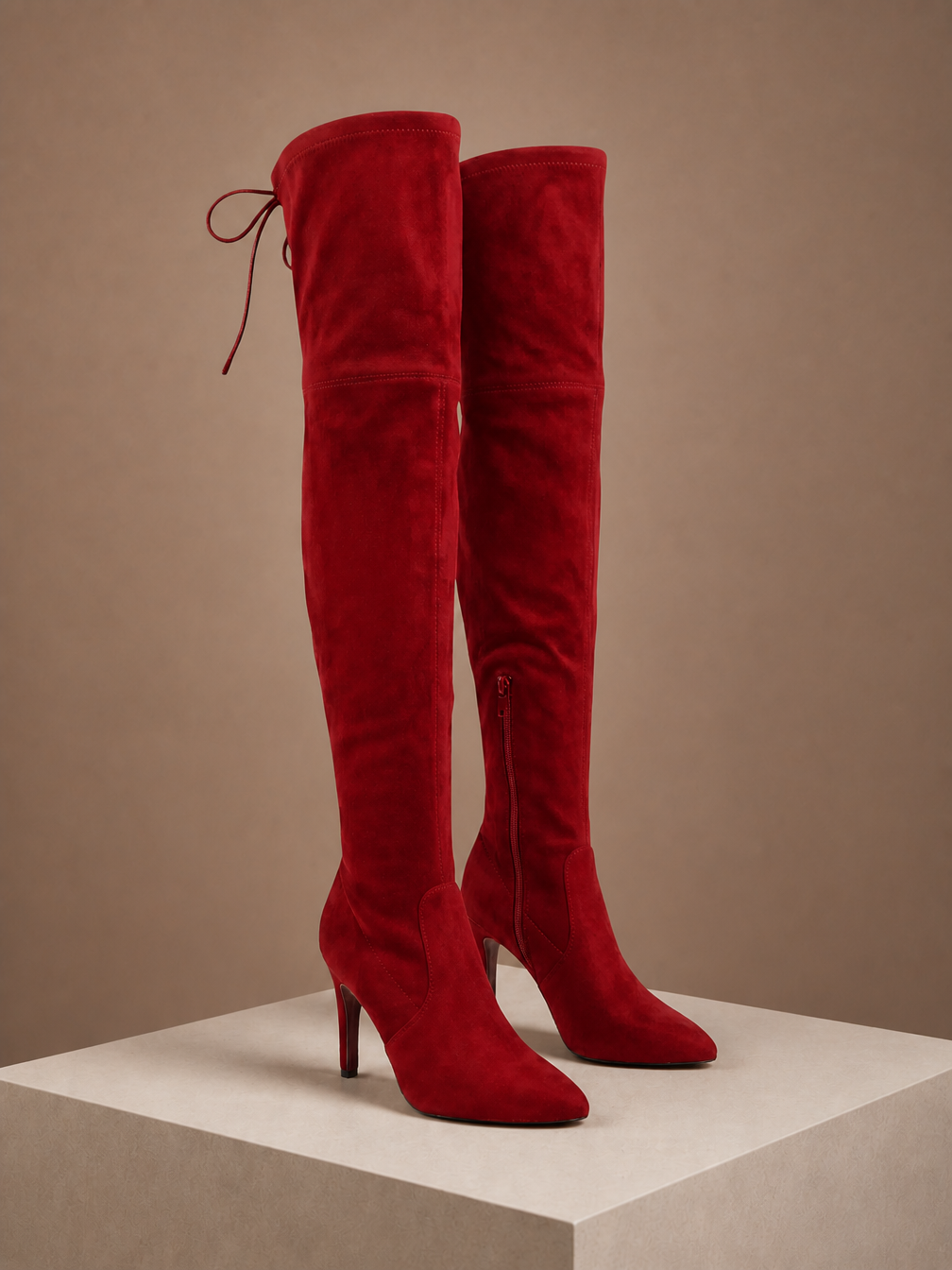 Women's Over-the-Knee Suede Boots with High Heel - Red
