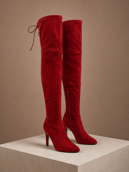 Women's Over-the-Knee Suede Boots with High Heel - Red