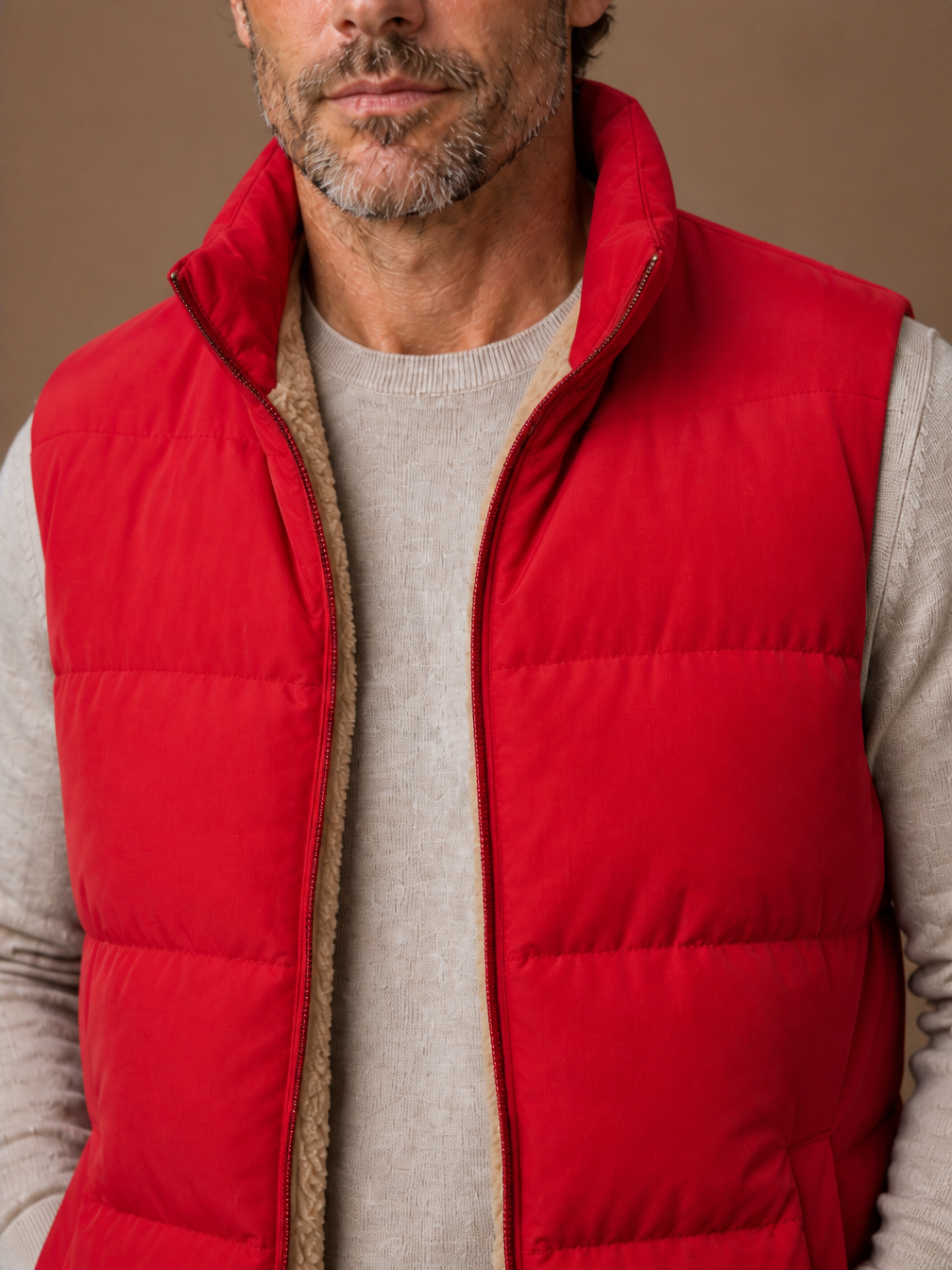 Men's Winter Gilet with Faux Fur Lining, Quilted Sleeveless Padded Waistcoat with Stand Collar - Red - Detail Close-Up [AI-OPT:0d00779d-3de7-4089-bf66-e9a8b7fd3bd7]