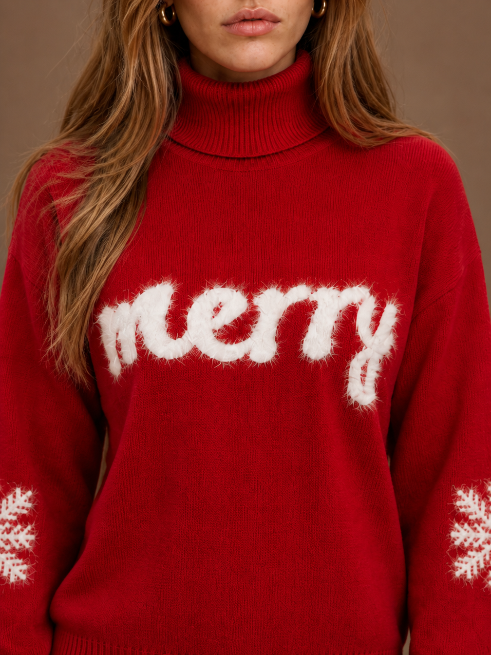 Women's Christmas Turtleneck Sweater Red Snowflake Knit Pullover - Red - Detail Close-Up [AI-OPT:a464f7e3-4379-47d4-848b-a8d32eba34b4]