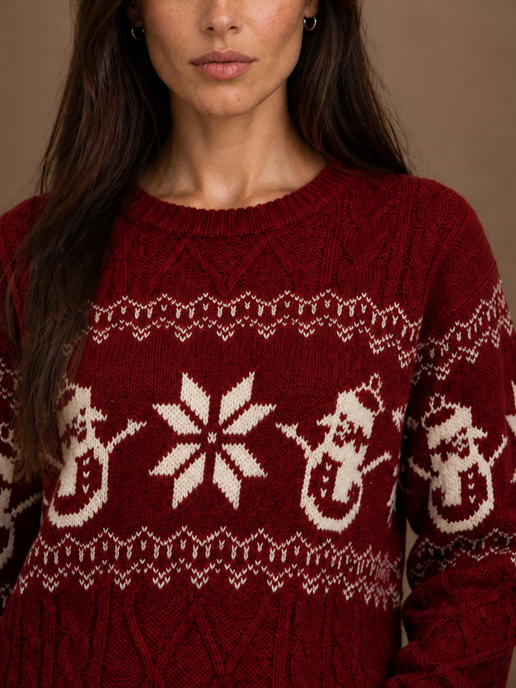 Women's Christmas Snowman Sweater, Cable Knit Fair Isle Crew Neck Pullover - Red - Detail Close-Up [AI-OPT:d578a3f8-f02f-4daa-a128-7c214a853a42]