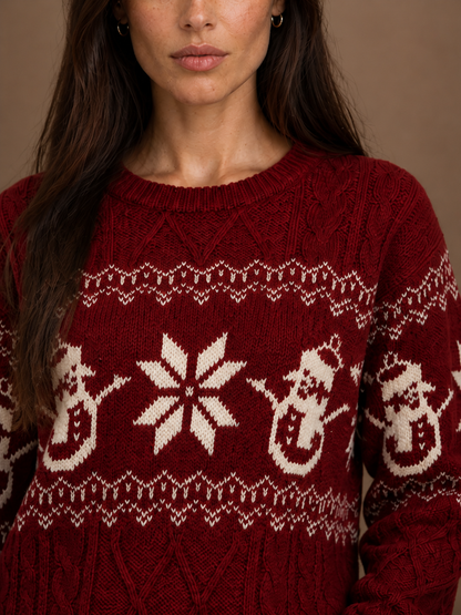 Women's Christmas Snowman Sweater, Cable Knit Fair Isle Crew Neck Pullover - Red - Detail Close-Up [AI-OPT:d578a3f8-f02f-4daa-a128-7c214a853a42]