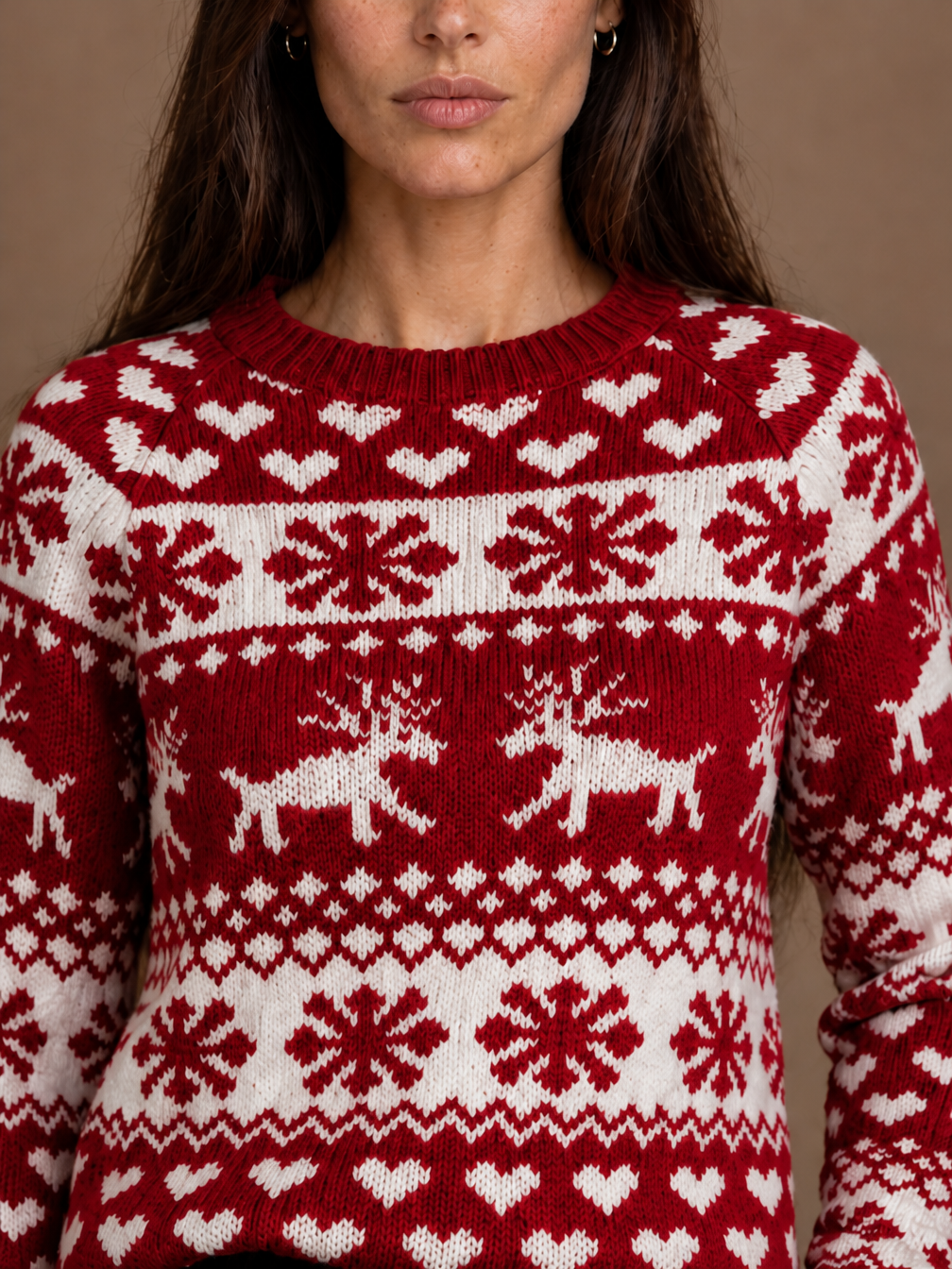 Women's Christmas Jumper Fair Isle Knit Crew Neck Red and White - Red - Detail Close-Up [AI-OPT:23c2f79f-37ec-47ed-a733-ff218ab87ef2]