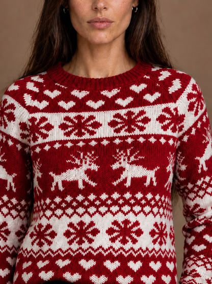 Women's Christmas Jumper Fair Isle Knit Crew Neck Red and White - Red - Detail Close-Up [AI-OPT:23c2f79f-37ec-47ed-a733-ff218ab87ef2]
