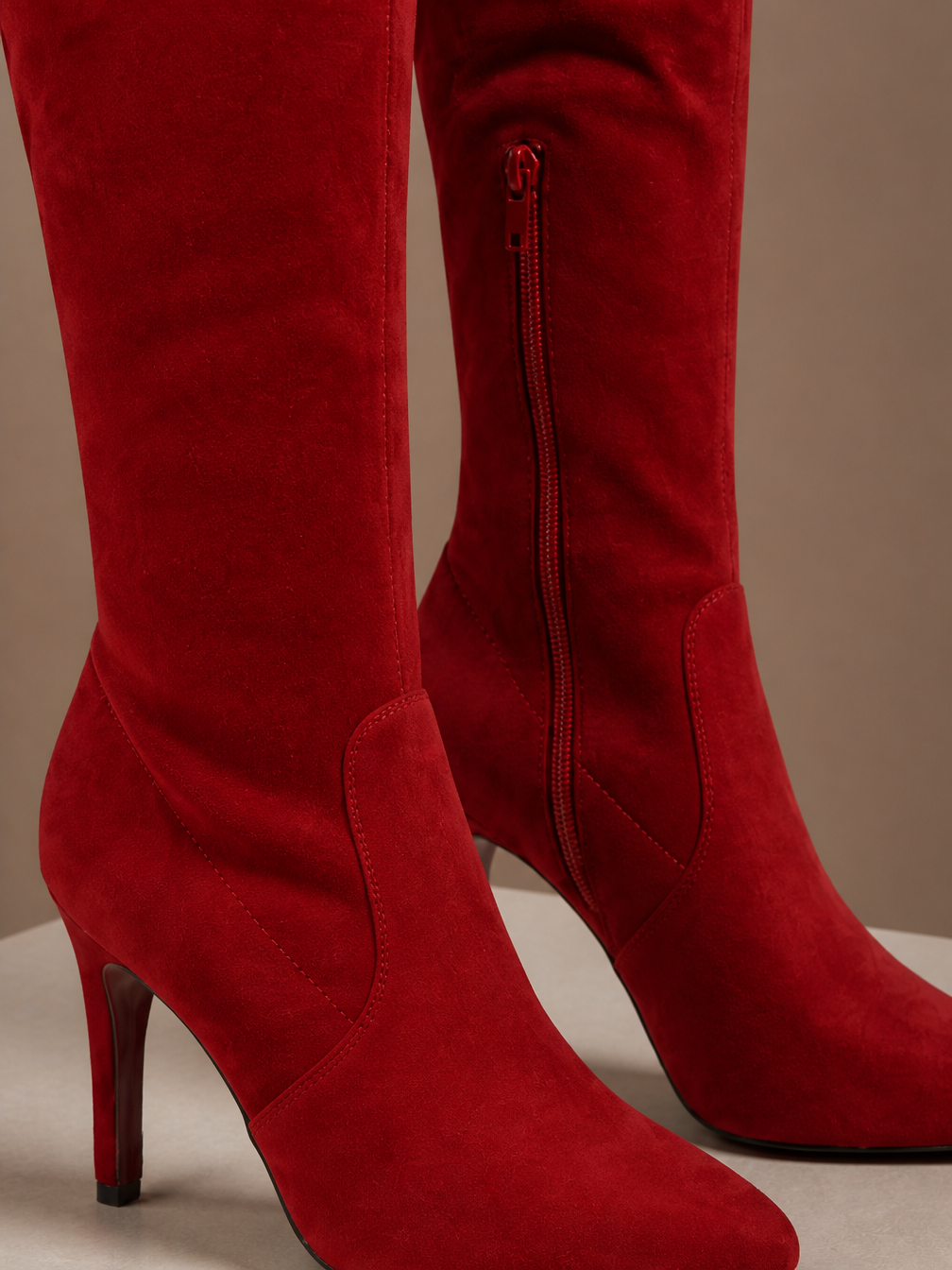 Women's Tall Suede Boots High Heel Over Knee Stylish Boots - Red - Detail Close-Up [AI-OPT:66085d8a-3c2a-4efc-8dad-75b36f28bd4e]