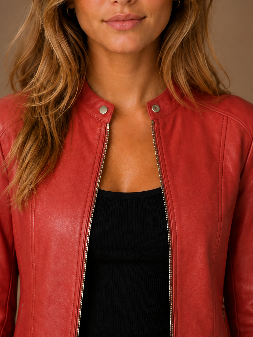 Women's Cropped Faux Leather Jacket with Zip Front and Fitted Waist - Red - Detail Close-Up [AI-OPT:74365296-75d3-411a-be67-074fb5d65521]