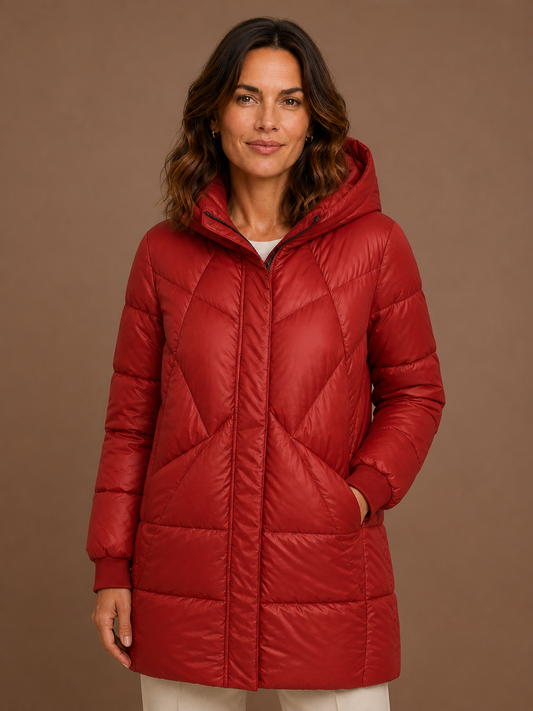 Women's Long Hooded Puffer Jacket for Winter – Full-Length Coat - Red