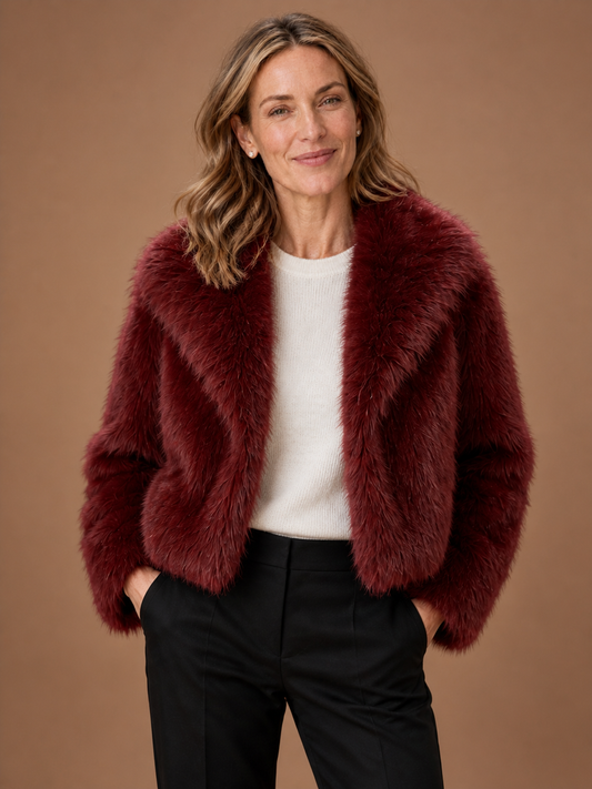 Women’s Cropped Faux Fur Jacket – Short Soft Ladies Coat - Red