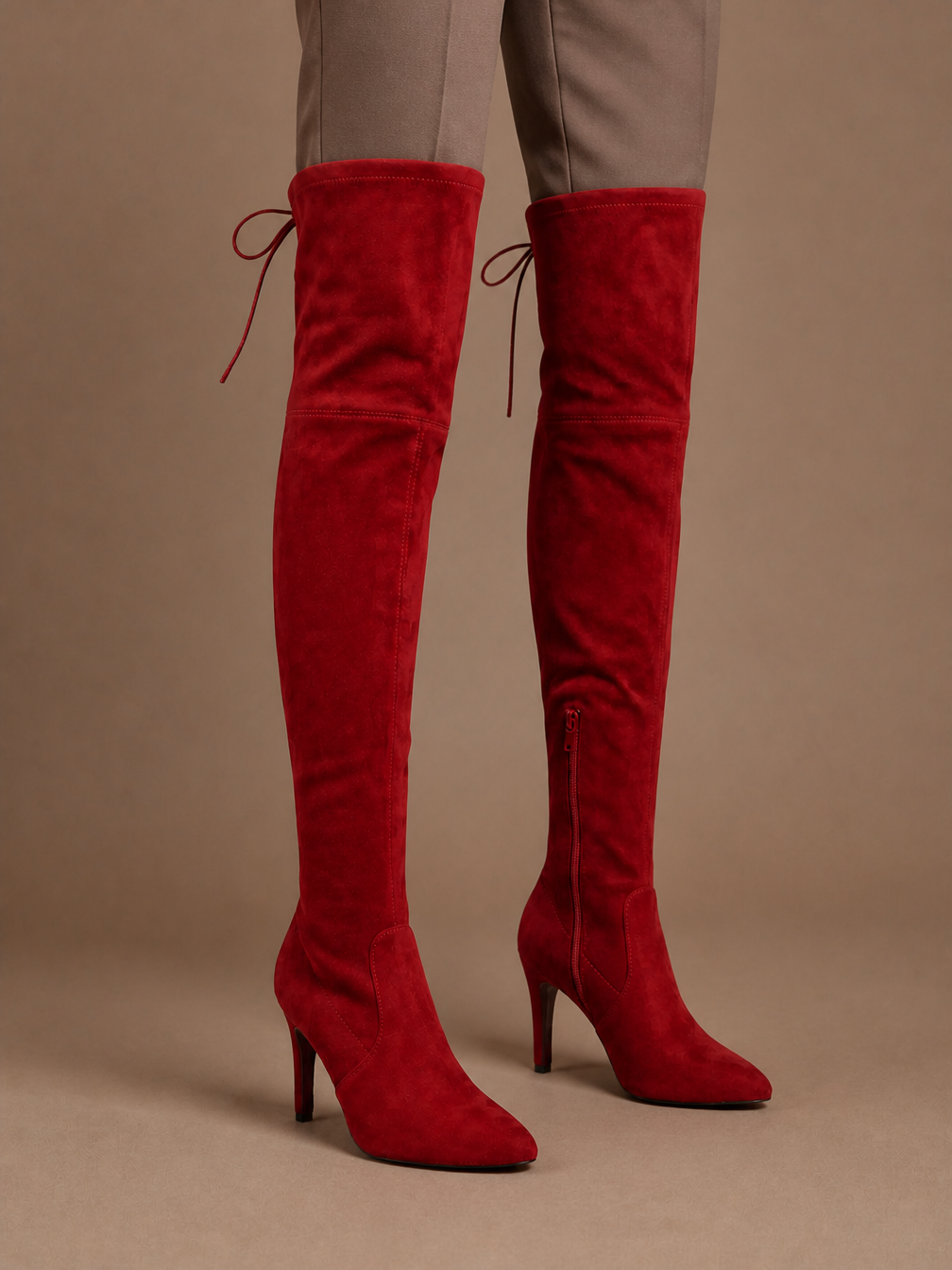Women's Tall Suede Boots High Heel Over Knee Stylish Boots - Red - On-Foot View [AI-OPT:1706d6bd-5ccf-43f9-b6aa-cb1d5398f1ce]