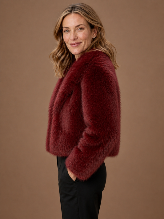 Women’s Cropped Faux Fur Jacket – Short Soft Ladies Coat - Red - Side View [AI-OPT:6d52611c-92b2-46cf-a6fa-fd57969829ea]