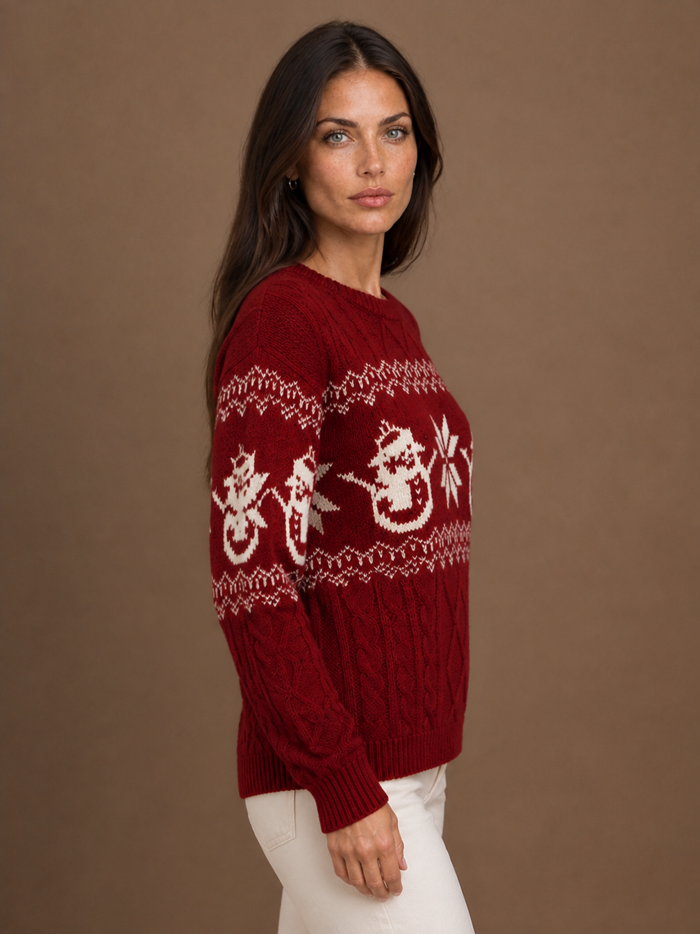 Women's Christmas Snowman Sweater, Cable Knit Fair Isle Crew Neck Pullover - Red - Side View [AI-OPT:c6748276-30f8-4c7a-aaea-7c223cac2b5d]