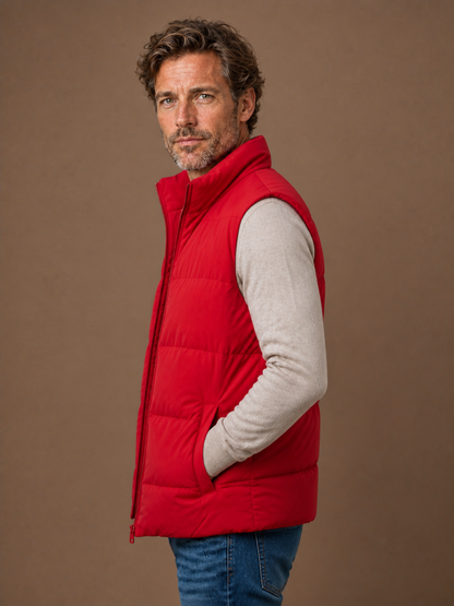 Men's Winter Gilet with Faux Fur Lining, Quilted Sleeveless Padded Waistcoat with Stand Collar - Red - Side View [AI-OPT:c92803d6-117b-4d3d-adb5-c0e9e84057cf]