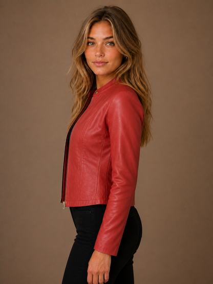 Women's Cropped Faux Leather Jacket with Zip Front and Fitted Waist - Red - Side View [AI-OPT:29f64541-d421-4942-93c4-2837030c3d4c]