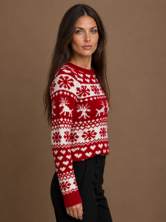 Women's Christmas Jumper Fair Isle Knit Crew Neck Red and White - Red - Side View [AI-OPT:77ac5e98-4968-4ce8-9496-e23d85a7e6ae]