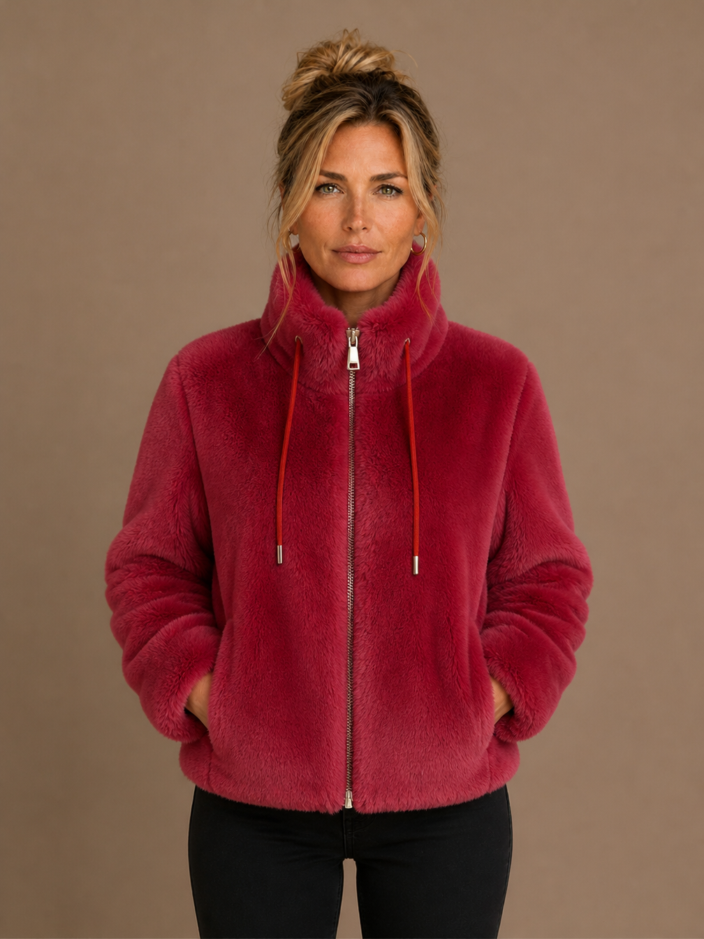 Women's Teddy Fleece Jacket with High Collar and Zip - Rood