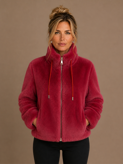 Women's Teddy Fleece Jacket with High Collar and Zip - Rood