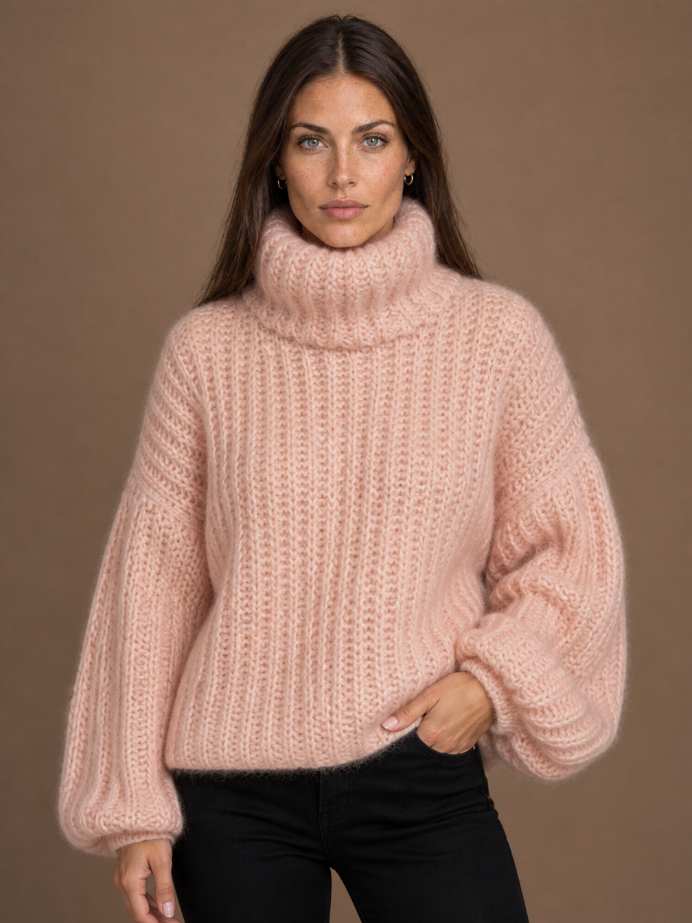 Women's Oversized Roll-Neck Chunky Knit Jumper – Cosy Fuzzy Warm Sweater - Rosa