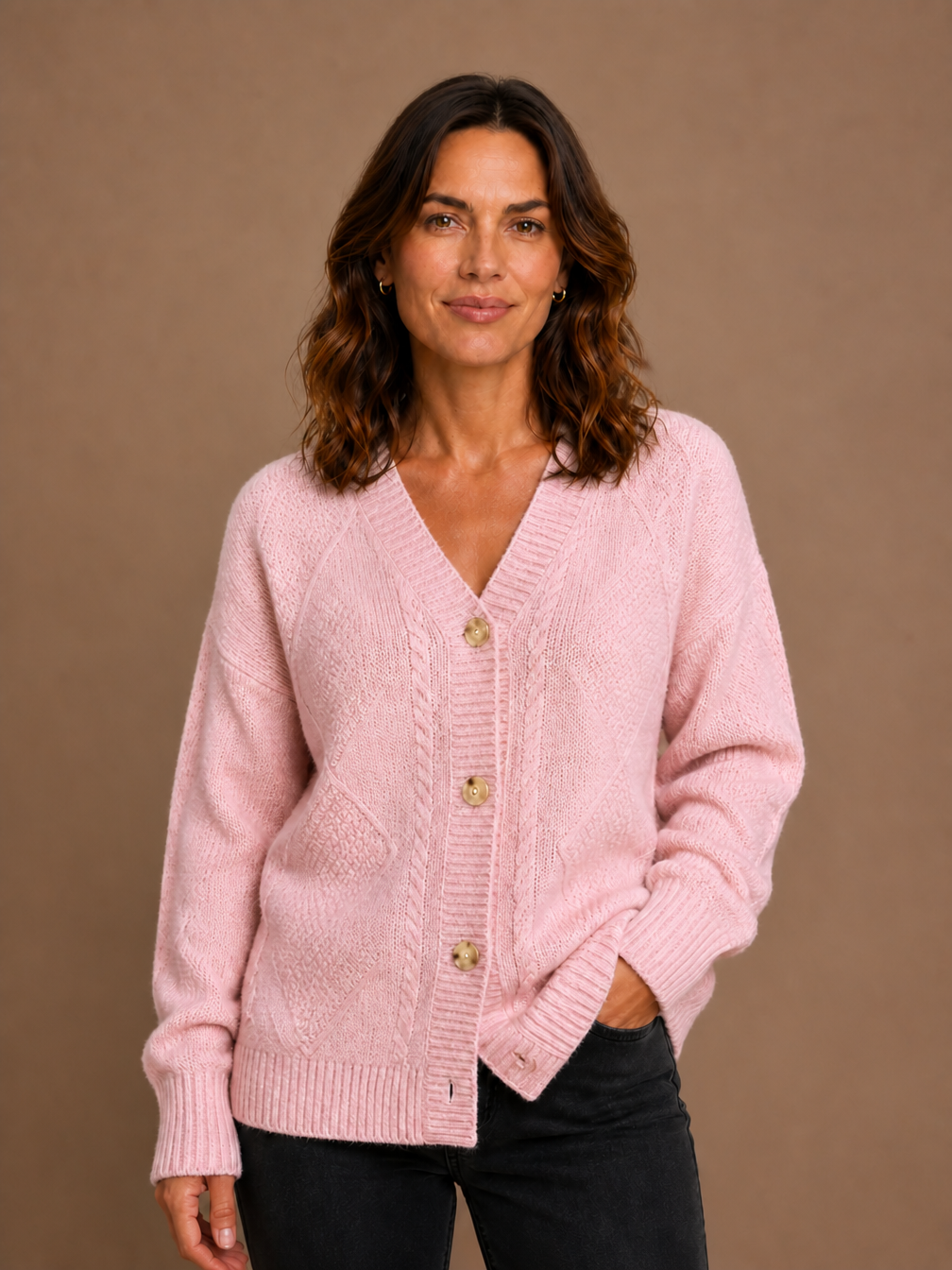 Women's Cashmere Cardigan, Chunky Cable Knit V-Neck Button-Front Long Sleeve Relaxed Fit - Rose