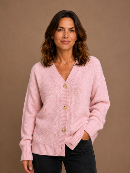 Women's Cashmere Cardigan, Chunky Cable Knit V-Neck Button-Front Long Sleeve Relaxed Fit - Rose