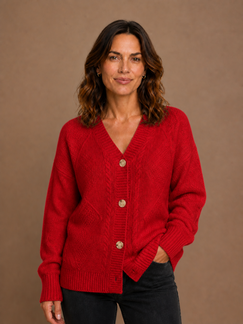 Women's Cashmere Cardigan, Chunky Cable Knit V-Neck Button-Front Long Sleeve Relaxed Fit - Rouge
