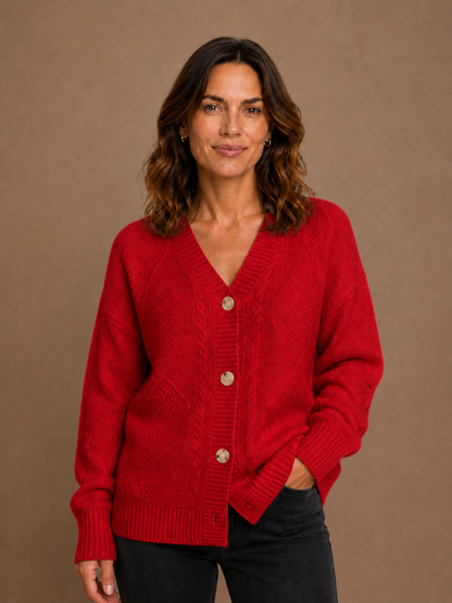 Women's Cashmere Cardigan, Chunky Cable Knit V-Neck Button-Front Long Sleeve Relaxed Fit - Rouge