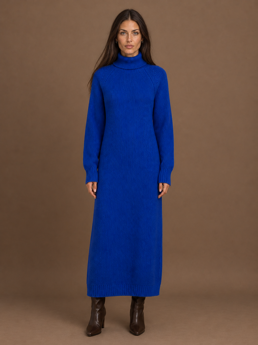 Women's Turtleneck Sweater Dress - Ribbed Knitted Winter Maxi Dress - Royal Blue