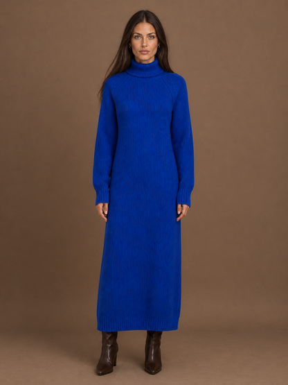 Women's Turtleneck Sweater Dress - Ribbed Knitted Winter Maxi Dress - Royal Blue