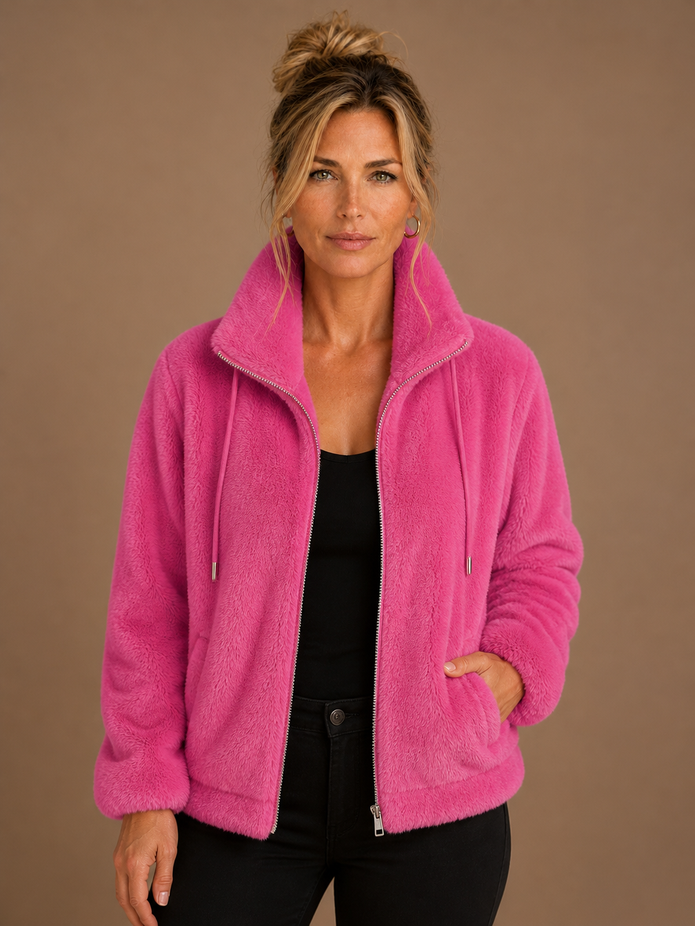 Women's Teddy Fleece Jacket with High Collar and Zip - Roze